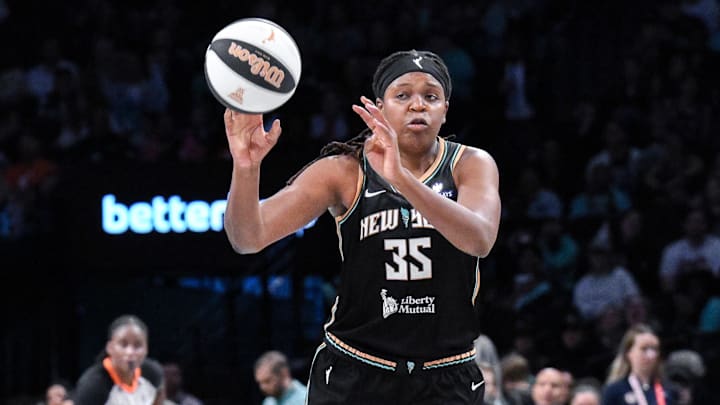 Jun 1, 2025; Brooklyn, New York, USA; New York Liberty center Jonquel Jones (35) in action during the second half against the Connecticut Sun at Barclays Center. Mandatory Credit: John Jones-Imagn Images Jun 1, 2025; Brooklyn, New York, USA; New York Liberty center Jonquel Jones (35) in action during the second half against the Connecticut Sun at Barclays Center. Mandatory Credit: John Jones-Imagn Images
