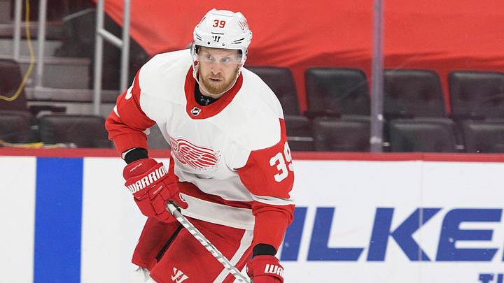 Apr 6, 2021; Detroit, Michigan, USA; Detroit Red Wings right wing Anthony Mantha (39) during overtime against the Nashville Predators at Little Caesars Arena. Mandatory Credit: Tim Fuller-Imagn Images