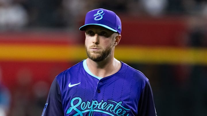 May 30, 2025; Phoenix, Arizona, USA; Arizona Diamondbacks pitcher Merrill Kelly against the Washington Nationals at Chase Field. Mandatory Credit: Mark J. Rebilas-Imagn Images