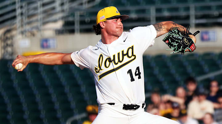 Brody Brecht (14) of Iowa throws strikes as the Florida International University Panthers play the Iowa Hawks in a three-game series at Principal Park in Des Moines on Thursday, May 16, 2024.
