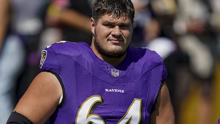 Sep 14, 2025; Baltimore, Maryland, USA; Baltimore Ravens center Tyler Linderbaum (64) before the game against the Cleveland Browns at M&T Bank Stadium. Mandatory Credit: Mitch Stringer-Imagn Images