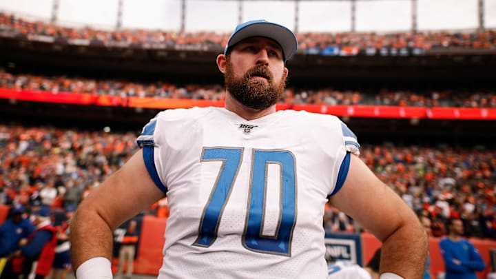 Dec 22, 2019; Denver, Colorado, USA; Detroit Lions offensive tackle Dan Skipper (70) before the game against the Denver Broncos at Empower Field at Mile High. Mandatory Credit: Isaiah J. Downing-Imagn Images
