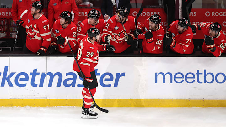 Colorado Avalanche star Nathan MacKinnon strikes first for Team Canada at the 4 Nations Face-Off final.