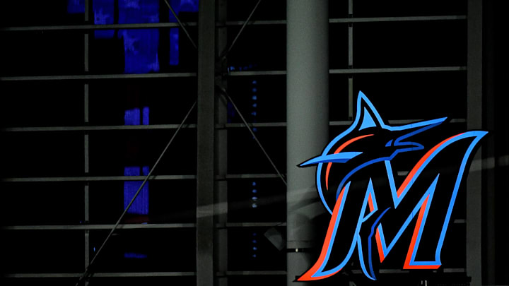 Sep 11, 2020; Miami, Florida, USA; A general view of a illuminated Miami Marlins logo in center field after the Miami Marlins and Philadelphia Phillies split a double header at Marlins Park. Mandatory Credit: Jasen Vinlove-Imagn Images