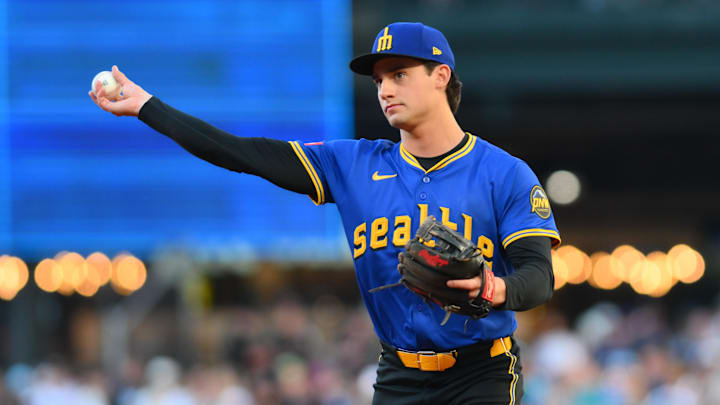 Seattle Mariners second baseman Cole Young throws to first base during a game against the Kansas City Royals on July 3 at T-Mobile Park. Seattle Mariners second baseman Cole Young throws to first base during a game against the Kansas City Royals on July 3 at T-Mobile Park.