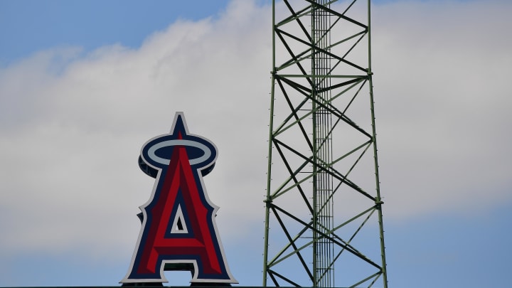 May 26, 2024; Anaheim, California, USA; Los Angeles Angels logo pictured at Angel Stadium. Mandatory Credit: Gary A. Vasquez-USA TODAY Sports May 26, 2024; Anaheim, California, USA; Los Angeles Angels logo pictured at Angel Stadium. Mandatory Credit: Gary A. Vasquez-USA TODAY Sports