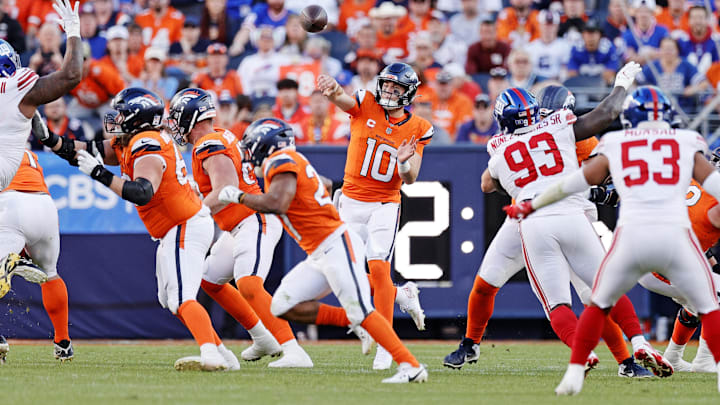 Oct 19, 2025; Denver, Colorado, USA; Denver Broncos quarterback Bo Nix (10) throws a pass during the second half against the New York Giants at Empower Field at Mile High. Mandatory Credit: Isaiah J. Downing-Imagn Images