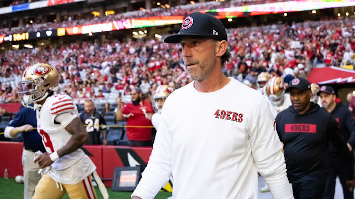 Jan 5, 2025; Glendale, Arizona, USA; San Francisco 49ers head coach Kyle Shanahan against the Arizona Cardinals at State Farm Stadium. Mandatory Credit: Mark J. Rebilas-Imagn Images