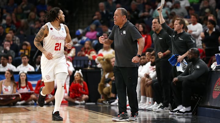 Mar 24, 2024; Memphis, TN, USA; Houston Cougars head coach Kelvin Sampson reacts with guard Emanuel