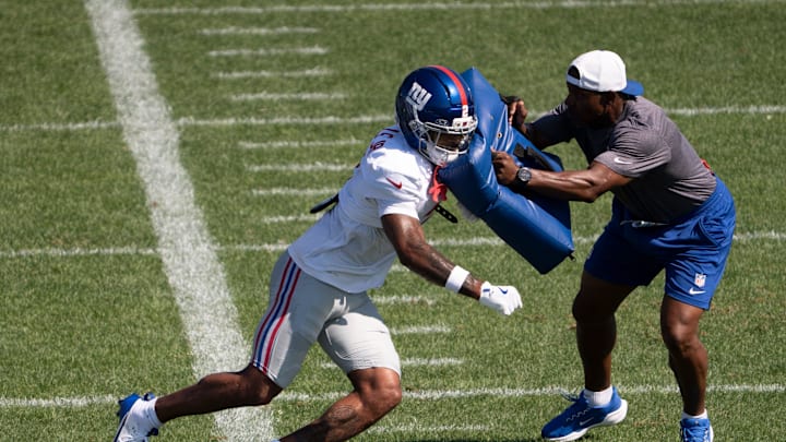 Aug 12, 2025; Florham Park, NJ, USA; at Atlantic Health Jets Training Center. The Giants and Jets participate in a joint practice at the Jets' training facility in Florham Park. Aug 12, 2025; Florham Park, NJ, USA; at Atlantic Health Jets Training Center. The Giants and Jets participate in a joint practice at the Jets' training facility in Florham Park.