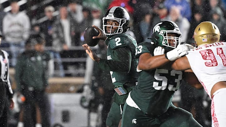 Sep 21, 2024; Chestnut Hill, Massachusetts, USA; Michigan State Spartans quarterback Aidan Chiles (2) throws a pass against the Boston College Eagles during the first half at Alumni Stadium. Mandatory Credit: Eric Canha-Imagn Images