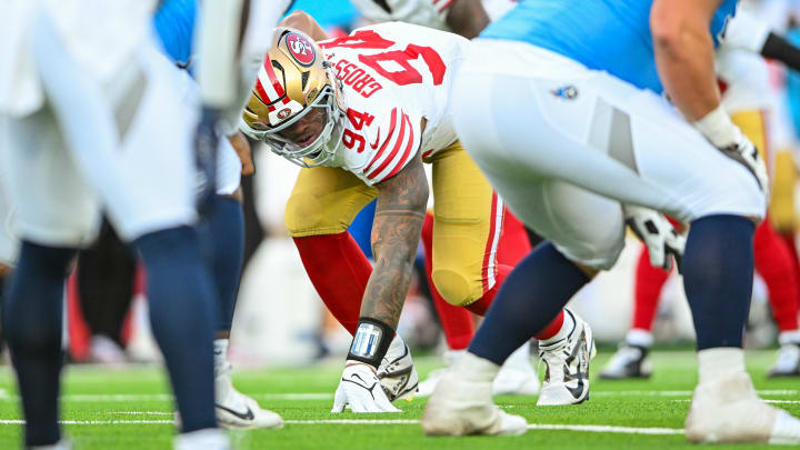 Aug 10, 2024; Nashville, Tennessee, USA; San Francisco 49ers linebacker Yetur Gross-Matos (94) down in his stance against the Tennessee Titans during the first half at Nissan Stadium. Mandatory Credit: Steve Roberts-USA TODAY Sports Aug 10, 2024; Nashville, Tennessee, USA; San Francisco 49ers linebacker Yetur Gross-Matos (94) down in his stance against the Tennessee Titans during the first half at Nissan Stadium. Mandatory Credit: Steve Roberts-USA TODAY Sports