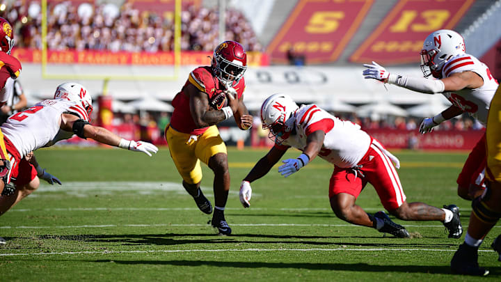 Nov 16, 2024; Los Angeles, California, USA; Southern California Trojans running back Woody Marks runs the ball against the Nebraska Cornhuskers during the first half.