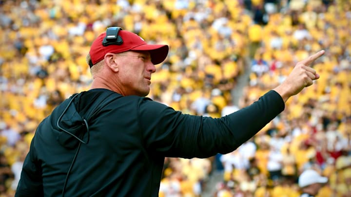 Oct 11, 2025; Columbia, MO; USA; Alabama Crimson Tide coach Kalen DeBoer yells from the sideline in the first quarter against the Missouri Tigers at Faurot Field at Memorial Stadium. | Matt Guzman/MissouriOnSI