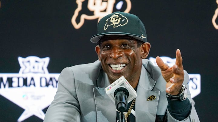 Jul 9, 2025; Frisco, TX, USA; Colorado head coach Deion Sanders speaks with the media during 2025 Big 12 Football Media Days at The Star. Mandatory Credit: Raymond Carlin III-Imagn Images