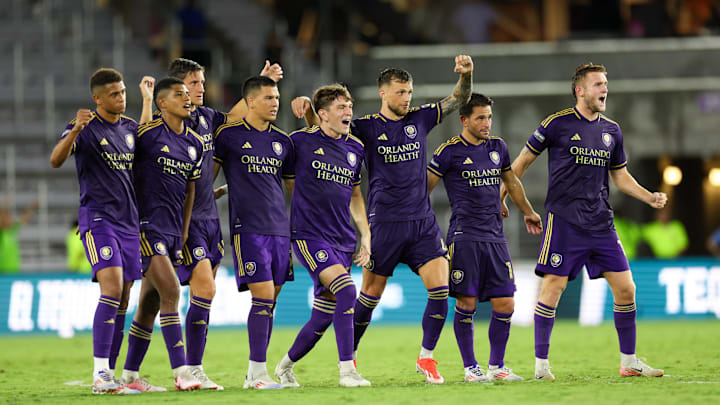 Aug 4, 2024; Orlando, Florida, USA; Orlando City celebrates after beating Atletico de San Luis during the Leagues Cup group stage at INTER&CO Stadium. Mandatory Credit: Nathan Ray Seebeck-USA TODAY Sports