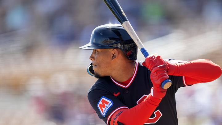 Feb 24, 2026; Phoenix, Arizona, USA; Cleveland Guardians shortstop Angel Genao against the Los Angeles Dodgers during a spring training game at Camelback Ranch-Glendale. Mandatory Credit: Mark J. Rebilas-Imagn Images