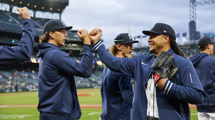 Apr 2, 2024; Seattle, Washington, USA; Seattle Mariners starting pitcher Luis Castillo (58, right) bumps fists with starting pitcher Logan Gilbert (36) before a game against the Cleveland Guardians at T-Mobile Park. Mandatory Credit: Joe Nicholson-Imagn Images Apr 2, 2024; Seattle, Washington, USA; Seattle Mariners starting pitcher Luis Castillo (58, right) bumps fists with starting pitcher Logan Gilbert (36) before a game against the Cleveland Guardians at T-Mobile Park. Mandatory Credit: Joe Nicholson-Imagn Images