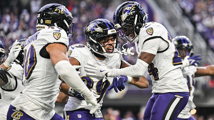 Nov 9, 2025; Minneapolis, Minnesota, USA; Baltimore Ravens safety Keondre Jackson (39) and linebacker Teddye Buchanan (40) and safety Malaki Starks (24) react to a fumble recovery during the third quarter against the Minnesota Vikings at U.S. Bank Stadium. Mandatory Credit: Jeffrey Becker-Imagn Images Nov 9, 2025; Minneapolis, Minnesota, USA; Baltimore Ravens safety Keondre Jackson (39) and linebacker Teddye Buchanan (40) and safety Malaki Starks (24) react to a fumble recovery during the third quarter against the Minnesota Vikings at U.S. Bank Stadium. Mandatory Credit: Jeffrey Becker-Imagn Images