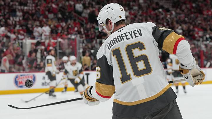 Jun 4, 2026; Raleigh, North Carolina, USA; Vegas Golden Knights right wing Pavel Dorofeyev (16) warms up before a game against the Carolina Hurricanes in game two of the 2026 Stanley Cup Final at Lenovo Center.