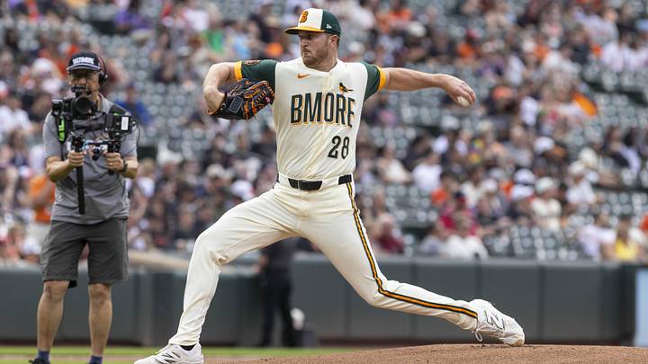 Jun 26, 2026; Baltimore, Maryland, USA; Baltimore Orioles pitcher Trevor Rogers (28) pitching in the first inning against the Washington Nationals at Oriole Park at Camden Yards. Mandatory Credit: Lexi Thompson-Imagn Images