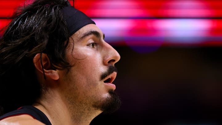 Oct 30, 2024; Miami, Florida, USA; Miami Heat guard Jaime Jaquez Jr. (11) looks on against the New York Knicks during the second quarter at Kaseya Center. Mandatory Credit: Sam Navarro-Imagn Images
