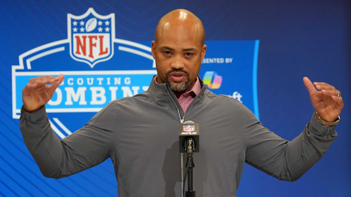 Feb 25, 2025; Indianapolis, IN, USA; Atlanta Falcons general manager Terry Fontenot speaks during the NFL Scouting Combine at the Indiana Convention Center. Mandatory Credit: Kirby Lee-Imagn Images
