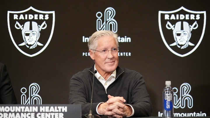 Jan 27, 2025; Las Vegas, NV, USA; Las Vegas Raiders coach Pete Carroll at press conference at Intermountain Health Performance Center. Mandatory Credit: Kirby Lee-Imagn Images