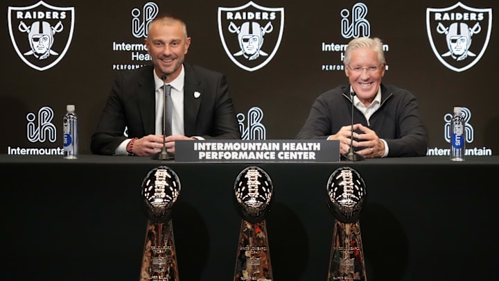 Jan 27, 2025; Las Vegas, NV, USA; Las Vegas Raiders general manager John Spytek (left) and coach Pete Carroll at press conference at Intermountain Health Performance Center. Mandatory Credit: Kirby Lee-Imagn Images
