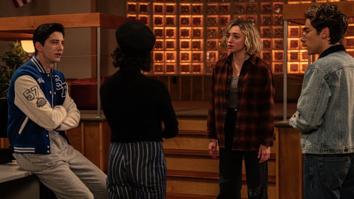 L-R: Milo Manheim as Wally Clark, Peyton List as Maddie Nears, and Nick Pugliese as Charley in School Spirits, episode 1, season 2, streaming on Paramount+, 2025