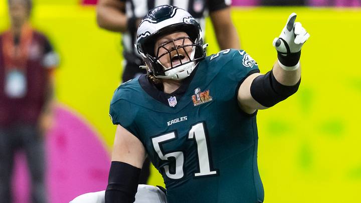 Feb 9, 2025; New Orleans, LA, USA; Philadelphia Eagles center Cam Jurgens (51) against the Kansas City Chiefs during Super Bowl LIX at Ceasars Superdome. Mandatory Credit: Mark J. Rebilas-Imagn Images Feb 9, 2025; New Orleans, LA, USA; Philadelphia Eagles center Cam Jurgens (51) against the Kansas City Chiefs during Super Bowl LIX at Ceasars Superdome. Mandatory Credit: Mark J. Rebilas-Imagn Images