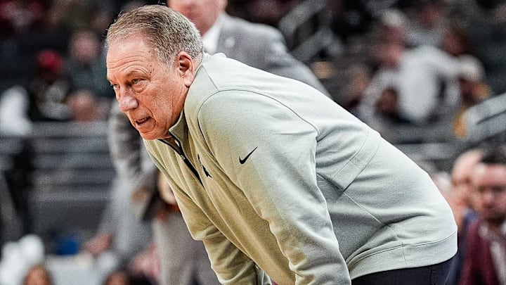 Michigan State head coach Tom Izzo watches a play against Wisconsin during the first half of Big Ten Tournament semifinal at Gainbridge Fieldhouse in Indianapolis, Ind. on Saturday, March 15, 2025.