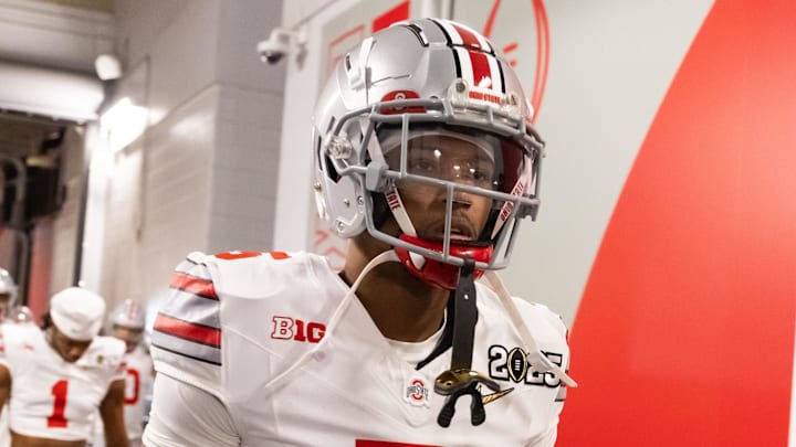 Jan 20, 2025; Atlanta, GA, USA; Ohio State Buckeyes wide receiver Mylan Graham (5) against the Notre Dame Fighting Irish during the CFP National Championship college football game at Mercedes-Benz Stadium. Mandatory Credit: Mark J. Rebilas-Imagn Images Jan 20, 2025; Atlanta, GA, USA; Ohio State Buckeyes wide receiver Mylan Graham (5) against the Notre Dame Fighting Irish during the CFP National Championship college football game at Mercedes-Benz Stadium. Mandatory Credit: Mark J. Rebilas-Imagn Images