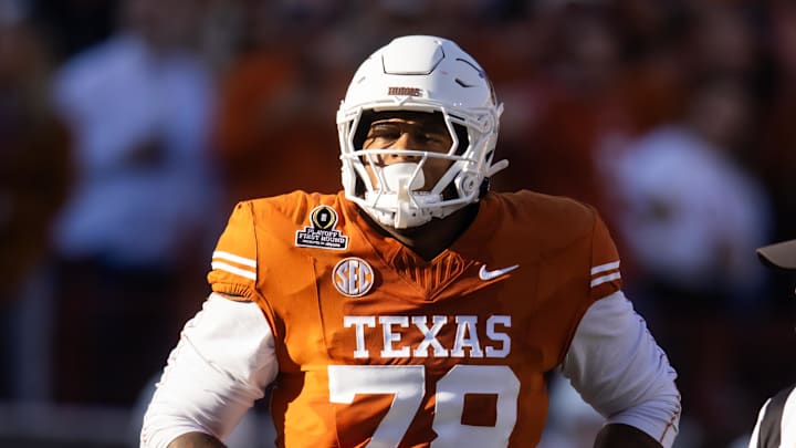 Dec 21, 2024; Austin, Texas, USA; Texas Longhorns offensive lineman Kelvin Banks Jr. (78) against the Clemson Tigers during the CFP National playoff first round at Darrell K Royal-Texas Memorial Stadium. Mandatory Credit: Mark J. Rebilas-Imagn Images