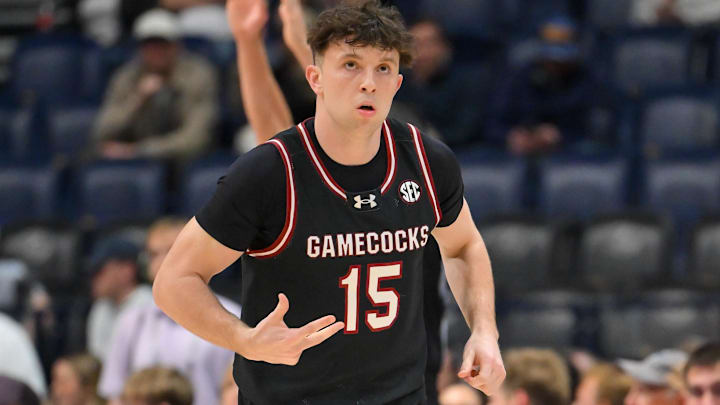 Mar 11, 2026; Nashville, TN, USA; South Carolina Gamecocks guard Eli Ellis (15) reacts after a made three point basket against the Oklahoma Sooners during the first half at Bridgestone Arena. Mandatory Credit: Steve Roberts-Imagn Images Mar 11, 2026; Nashville, TN, USA; South Carolina Gamecocks guard Eli Ellis (15) reacts after a made three point basket against the Oklahoma Sooners during the first half at Bridgestone Arena. Mandatory Credit: Steve Roberts-Imagn Images