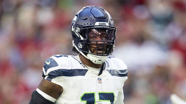 Dec 8, 2024; Glendale, Arizona, USA; Seattle Seahawks linebacker Ernest Jones IV (13) against the Arizona Cardinals at State Farm Stadium. Mandatory Credit: Mark J. Rebilas-Imagn Images