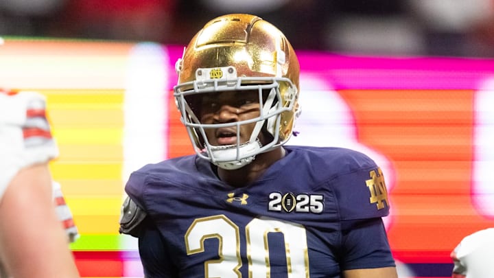 Jan 20, 2025; Atlanta, GA, USA; Notre Dame Fighting Irish defensive lineman Bryce Young (30) against the Ohio State Buckeyes during the CFP National Championship college football game at Mercedes-Benz Stadium. Mandatory Credit: Mark J. Rebilas-Imagn Images