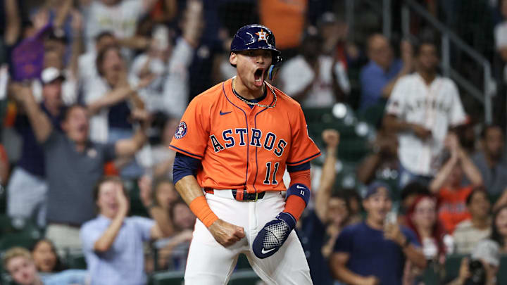 Aug 29, 2025; Houston, Texas, USA; Houston Astros right fielder Cam Smith (11) celebrates his run against the Los Angeles Angels on Houston Astros designated hitter Yordan Alvarez (44) (not pictured) sacrifice fly in the eighth inning at Daikin Park. Mandatory Credit: Thomas Shea-Imagn Images
