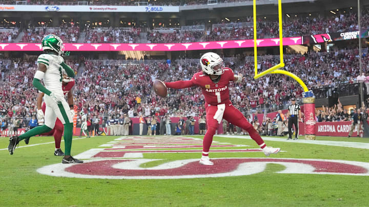 Arizona Cardinals quarterback Kyler Murray (1) celebrates after scoring against the New York Jets during the third quarter at State Farm Stadium. Arizona Cardinals quarterback Kyler Murray (1) celebrates after scoring against the New York Jets during the third quarter at State Farm Stadium.