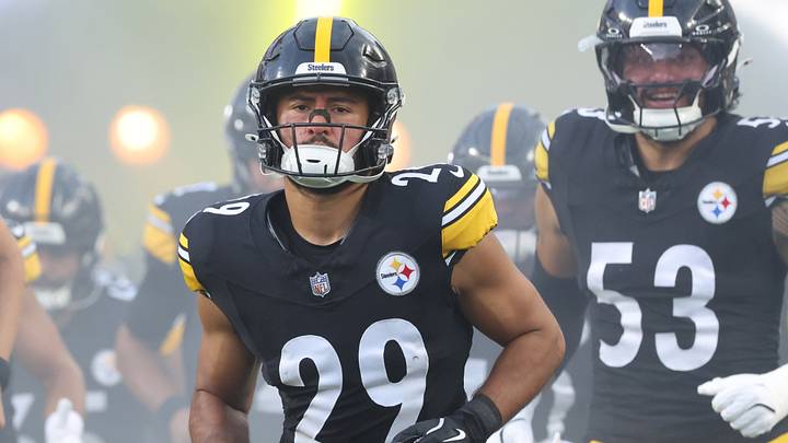 Aug 16, 2025; Pittsburgh, Pennsylvania, USA;  Pittsburgh Steelers safety Sebastian Castro (29) and linebacker Eku Leota (53) take the field against the Tampa Bay Buccaneers at Acrisure Stadium. Mandatory Credit: Charles LeClaire-Imagn Images
