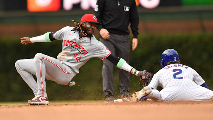 Sep 29, 2024; Chicago, Illinois, USA; Chicago Cubs second base Nico Hoerner (2) steals second base against Cincinnati Reds shortstop Elly De La Cruz (44) during the eighth inning at Wrigley Field. Mandatory Credit: Patrick Gorski-Imagn Images