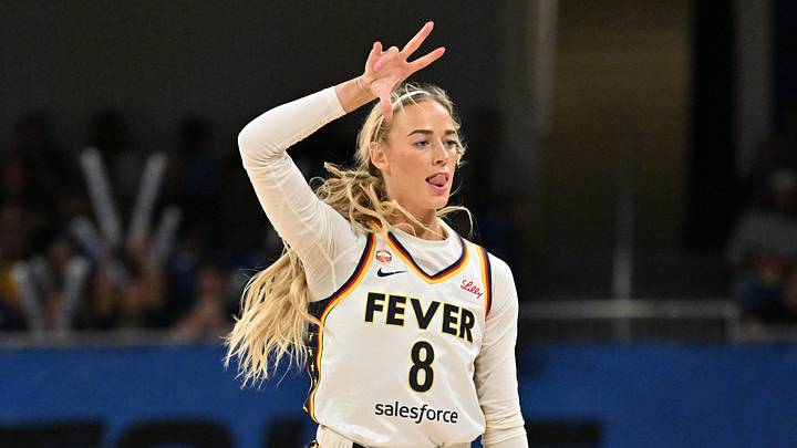 Indiana Fever guard Sophie Cunningham (8) celebrates a three-point shot against the Chicago Sky Indiana Fever guard Sophie Cunningham (8) celebrates a three-point shot against the Chicago Sky