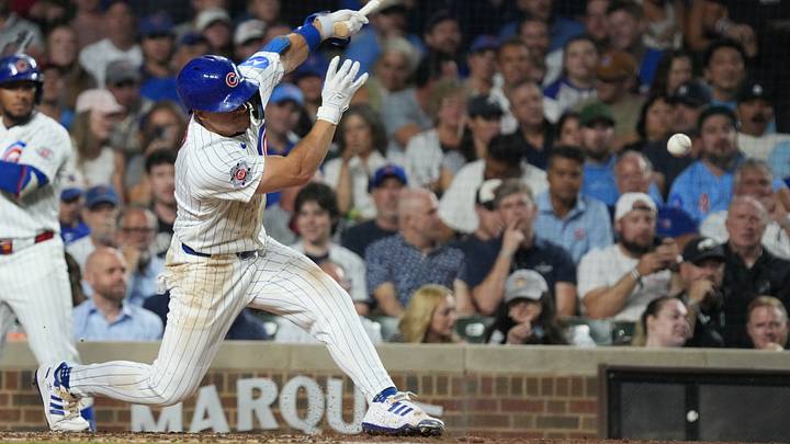 Sep 15, 2026; Chicago, Illinois, USA;  Chicago Cubs designated hitter Matt Shaw (6) hits a single against the Atlanta Braves during the fourth inning at Wrigley Field.  Mandatory Credit: David Banks-Imagn Images