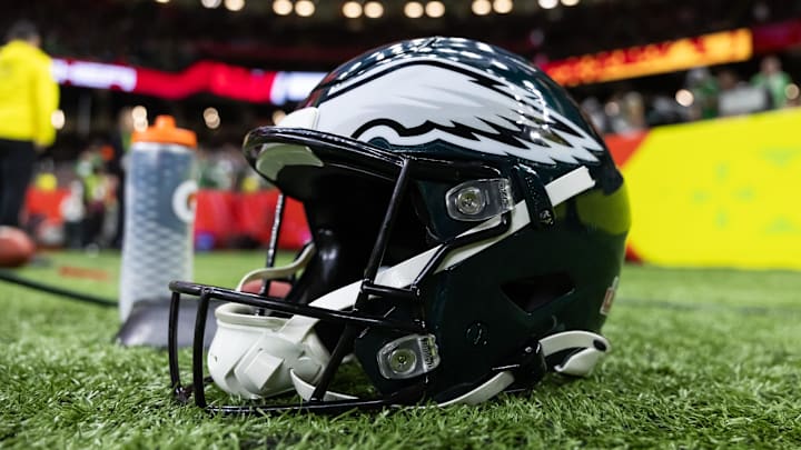 Feb 9, 2025; New Orleans, LA, USA; Detailed view of a Philadelphia Eagles helmet during Super Bowl LIX at Ceasars Superdome. Mandatory Credit: Mark J. Rebilas-Imagn Images