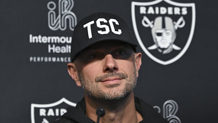Apr 25, 2025; Henderson, NV, USA; (L-R) Las Vegas Raiders general manager John Spytek during a news conference introducing Ashton Jeanty as the first round draft pick in the 2025 NFL Draft at Intermountain Health Performance Center. Mandatory Credit: Candice Ward-Imagn Images