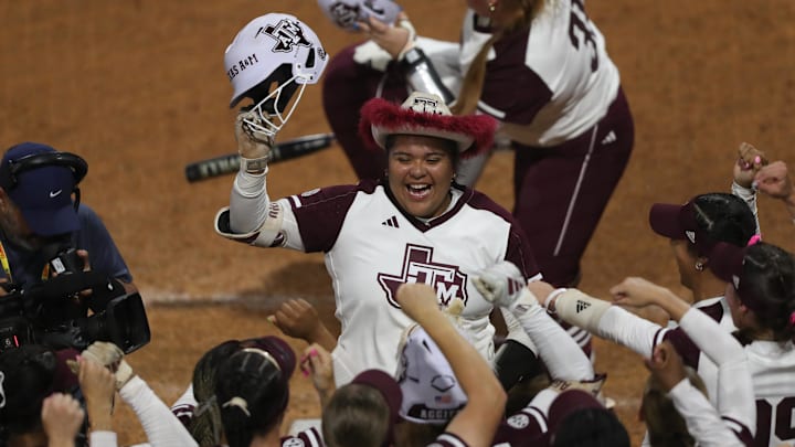 May 8, 2025; Athens, GA, USA; Texas A&M infielder Mya Perez (24) reacts after hitting a home run during a game against South Carolina at Jack Turner Stadium. Mandatory Credit: Mady Mertens-Imagn Images