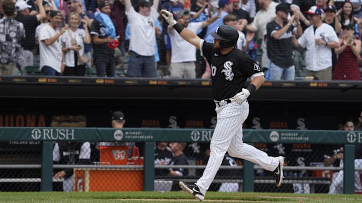 Jun 11, 2022; Chicago, Illinois, USA; Chicago White Sox designated hitter Jake Burger (30) celebrates after hitting a two run home run against the Texas Rangers during the fourth inning at Guaranteed Rate Field. Jun 11, 2022; Chicago, Illinois, USA; Chicago White Sox designated hitter Jake Burger (30) celebrates after hitting a two run home run against the Texas Rangers during the fourth inning at Guaranteed Rate Field.