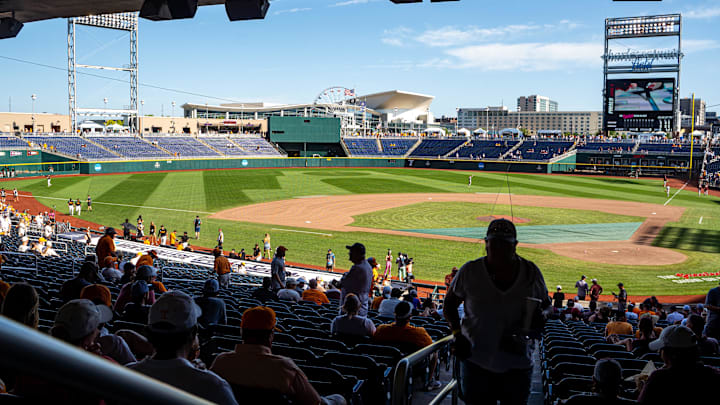 Jun 24, 2024; Omaha, NE, USA; Fans enter Charles Schwab Field Omaha before a game between the Texas A&M Aggies and the Tennessee Volunteers. Mandatory Credit: Dylan Widger-Imagn Images