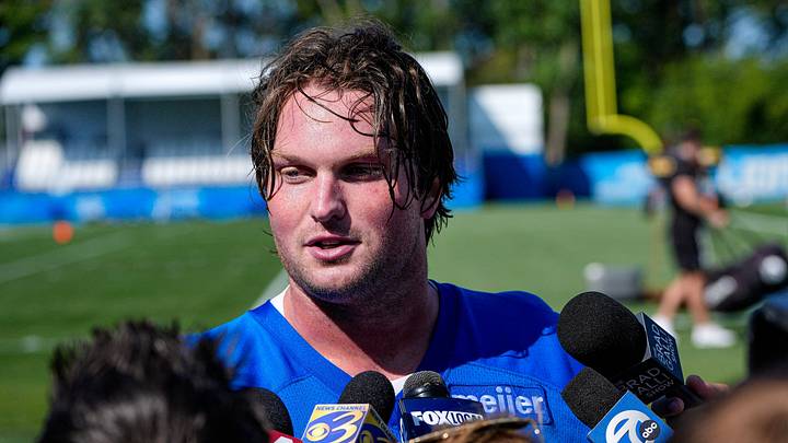 Detroit Lions tackle Blake Miller (76) speaks to media members after practice during training camp at Meijer Performance Center in Allen Park on Wednesday, July 29, 2026.