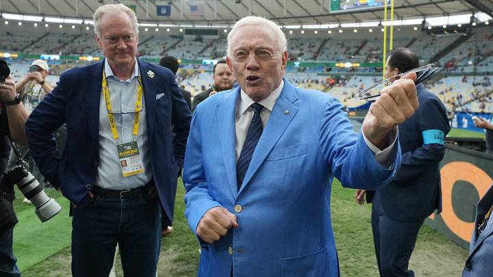 Dallas Cowboys owner Jerry Jones talks on the field before the game between Baltimore Ravens and Dallas Cowboys at Maracana Stadium. Mandatory Credit: Kirby Lee-Imagn Images Dallas Cowboys owner Jerry Jones talks on the field before the game between Baltimore Ravens and Dallas Cowboys at Maracana Stadium. Mandatory Credit: Kirby Lee-Imagn Images